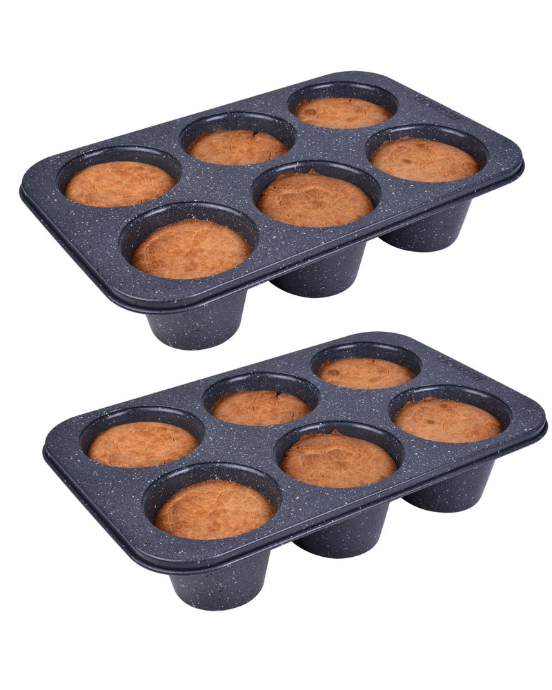 Monfish 2pcs Jumbo Deep Muffin Pan - 6-Cavity Baking Tray, 3.5x3 Inch Cups - Carbon Steel - Black Granite Stone Finish - Extra Large Cupcake Tins for Baking (2 deep muffin) - Image 1