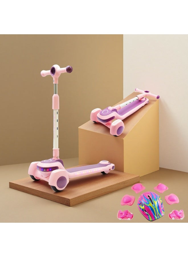 EASY FUTURE Scooters for Kids with Foldable & Height Adjustable Handle Kick Scooter with LED PU Wheels & Rear Brake & Music Kids Scooter for 3 to 8 Years Including Full Protective Gear Set - Image 1
