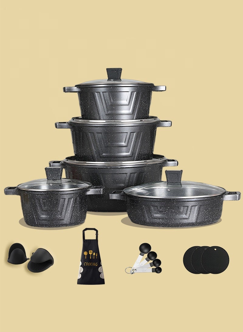 X spring 16-Piece Nonstick Cookware Set, 20-24-28-32cm Deep Stockpots + 28cm Shallow Stockpot with Glass Lids, Anti-Scalding Clips, Apron & Protective Pads, PFOA-Free (Black) - Image 1