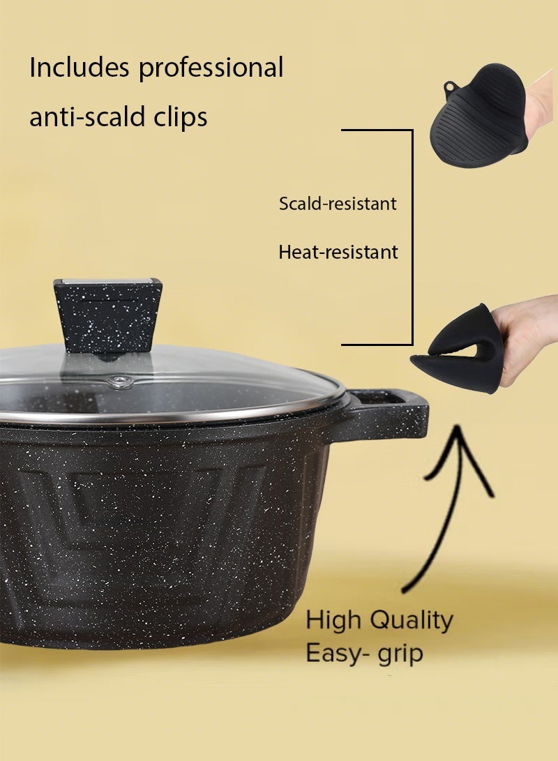 X spring 16-Piece Nonstick Cookware Set, 20-24-28-32cm Deep Stockpots + 28cm Shallow Stockpot with Glass Lids, Anti-Scalding Clips, Apron & Protective Pads, PFOA-Free (Black) - Image 3