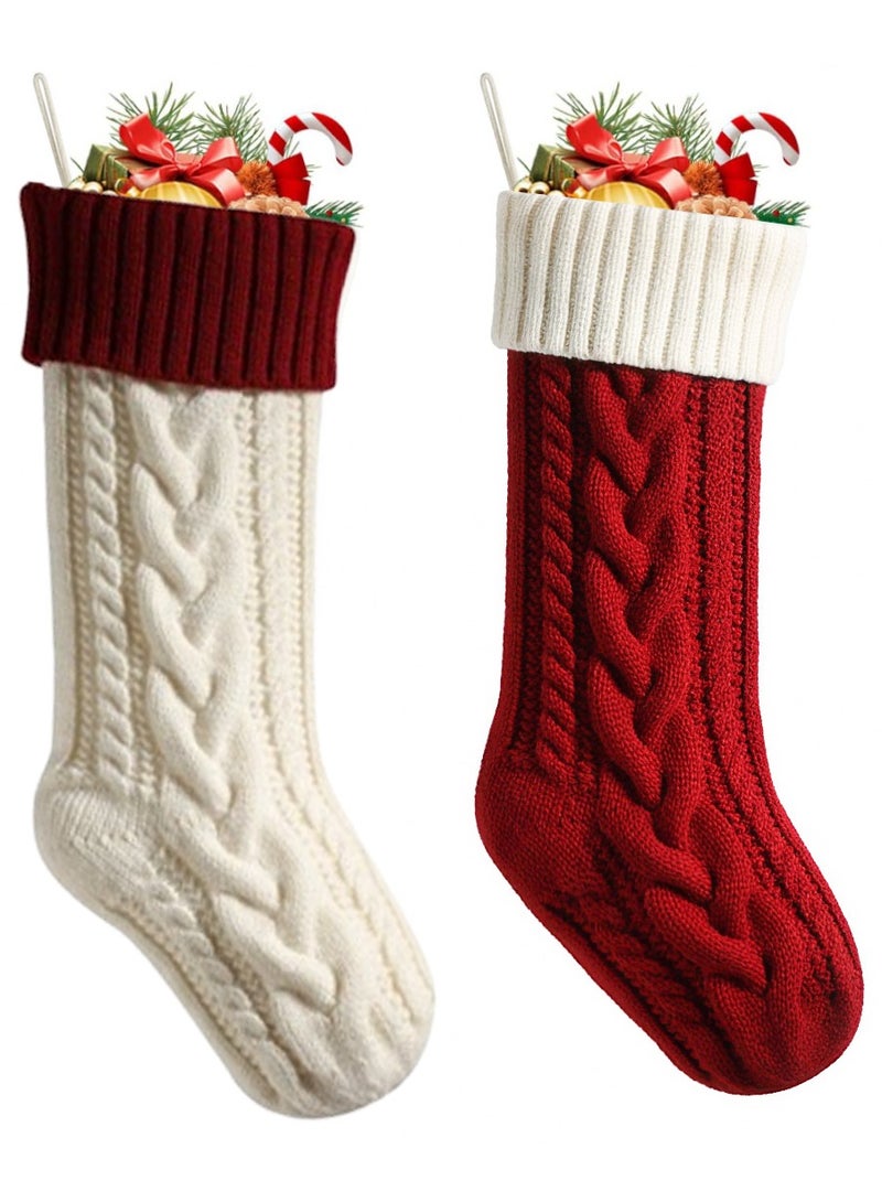 VUCATIN 2pcs Christmas Stockings 18" Knitted Christmas Socks Family Holiday Decorations Great Big Stockings for Gift to Family Fireplace Storage Knitted Storage Gifts Decorations - Image 1