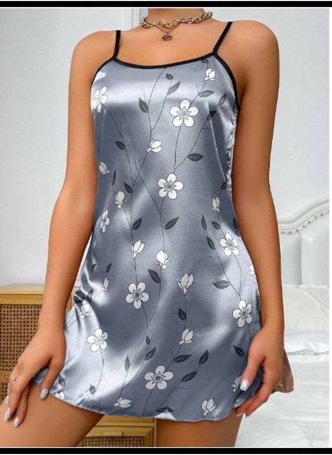 Shein - Simulated Silk Printed Floral Suspender Pajamas Nightgown - Image 1