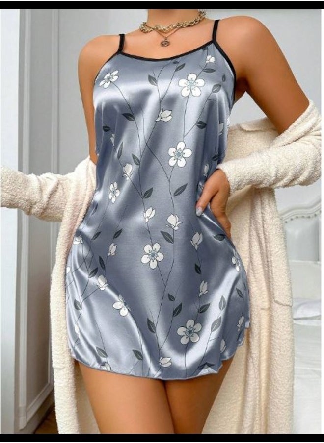 Shein - Simulated Silk Printed Floral Suspender Pajamas Nightgown - Image 1