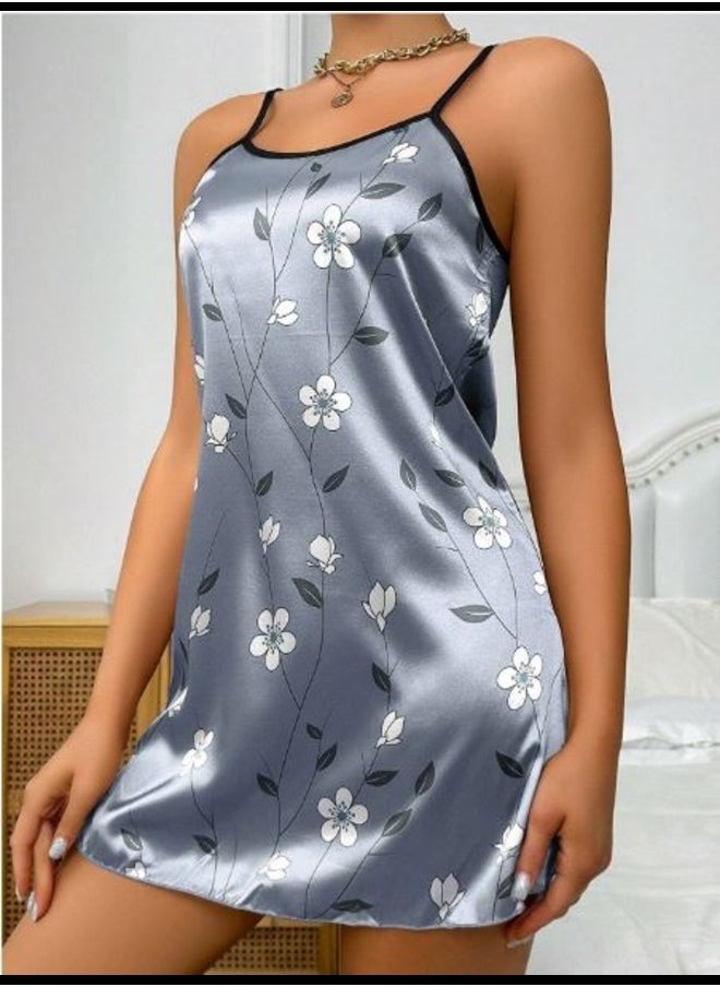 Shein - Simulated Silk Printed Floral Suspender Pajamas Nightgown - Image 1