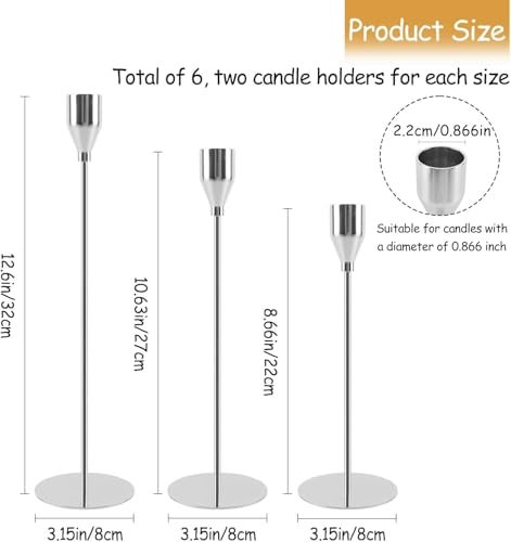 AUMAYCO Silver Candlestick Holders Set of 6 Metal Taper Silver Candle Holders Tall Candle Holder Fits 22cm Thick CandleLed Candles for Table Centerpiece Mantels Weddings Dining Party - Image 3
