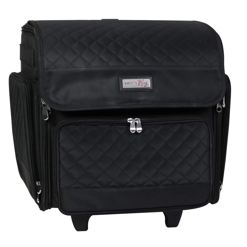 Everything Mary Deluxe Rolling Craft Bag with Wheels Collapsible Black Quilted Scrapbook Tote for Art Sewing Mobile Storage for Crafters Teachers Nurses Stylish Durable Organizer