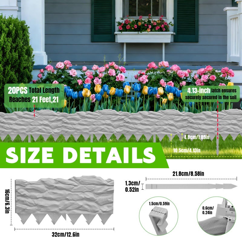 TEANTECH 20Pcs Garden Edging Border, 21Ft Marbled Design Garden Landscape Edging Borders with 20 Pcs Stakes, Plastic Garden Fence Lawn Edging Border for Flower Bed, Yard, Patio, and Pathway Landscaping - Image 3