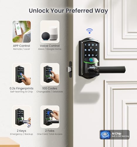 Veise VE029 WiFi Smart Lever Lock Fingerprint Keyless Entry Door Lock with Handle Builtin WiFi Remote App Control Electronic Digital Knob for Front Door and Bedroom IP65 Waterproof Matte Black - Image 3
