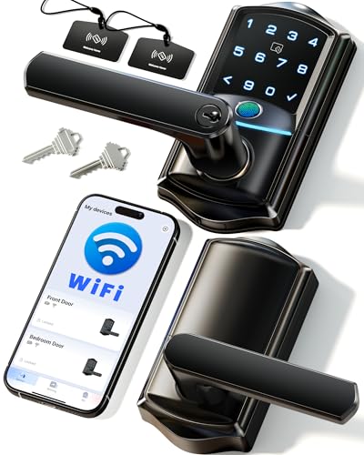 Veise VE029 WiFi Smart Lever Lock Fingerprint Keyless Entry Door Lock with Handle Builtin WiFi Remote App Control Electronic Digital Knob for Front Door and Bedroom IP65 Waterproof Matte Black - Image 1