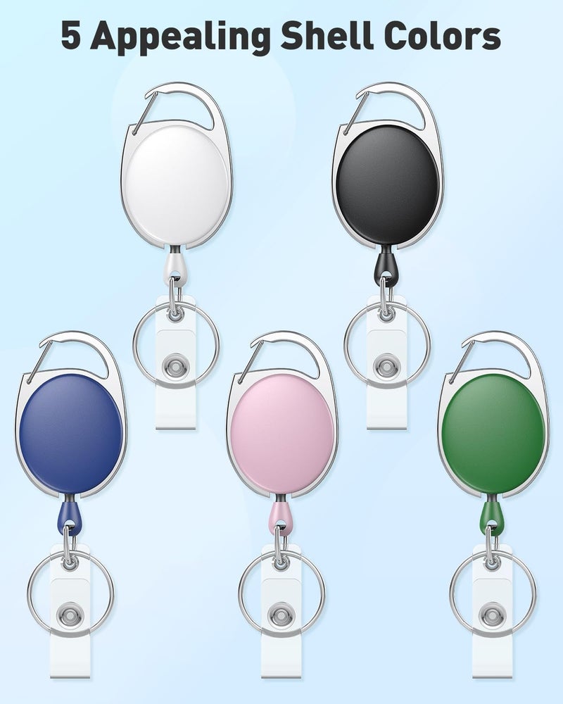 Uniclife 5 Pack Retractable Badge Reel for Badge Holder Heavy Duty Retractable Keychain Strong Colorful ABS Casing with Stainless Steel Spring Coil 24 Inch Nylon Rope Carabiner and Key Ring, 5 Colors - Image 3