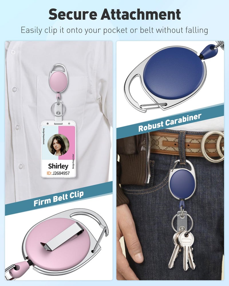 Uniclife 5 Pack Retractable Badge Reel for Badge Holder Heavy Duty Retractable Keychain Strong Colorful ABS Casing with Stainless Steel Spring Coil 24 Inch Nylon Rope Carabiner and Key Ring, 5 Colors - Image 5