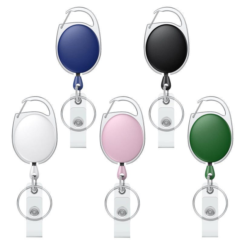 Uniclife 5 Pack Retractable Badge Reel for Badge Holder Heavy Duty Retractable Keychain Strong Colorful ABS Casing with Stainless Steel Spring Coil 24 Inch Nylon Rope Carabiner and Key Ring, 5 Colors - Image 1