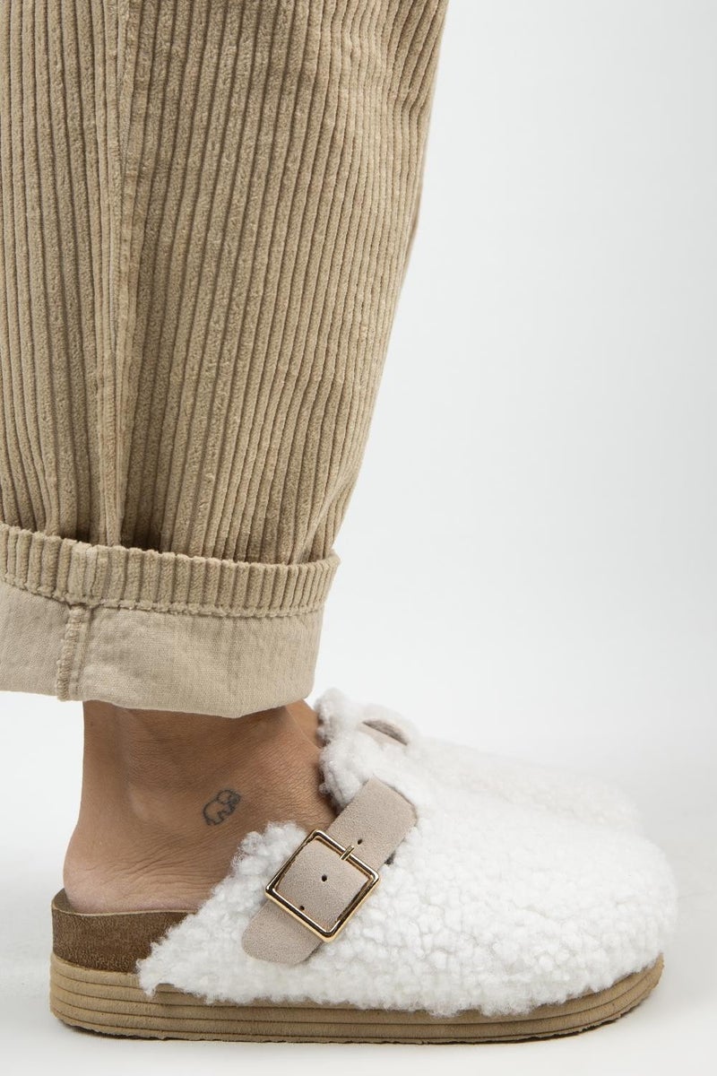 Manijero Juno Women's Textile Fur Leather Belted Buckle White-Sand Slippers  - Image 1