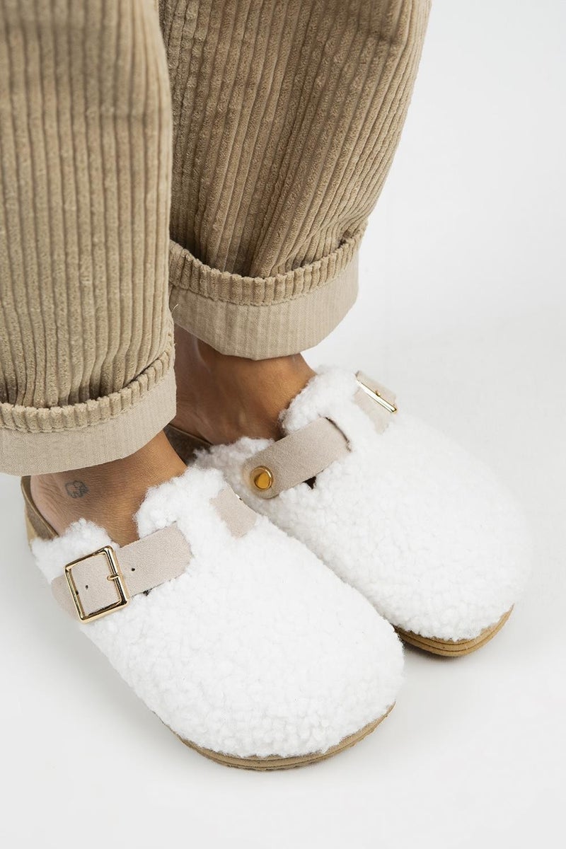 Manijero Juno Women's Textile Fur Leather Belted Buckle White-Sand Slippers  - Image 2