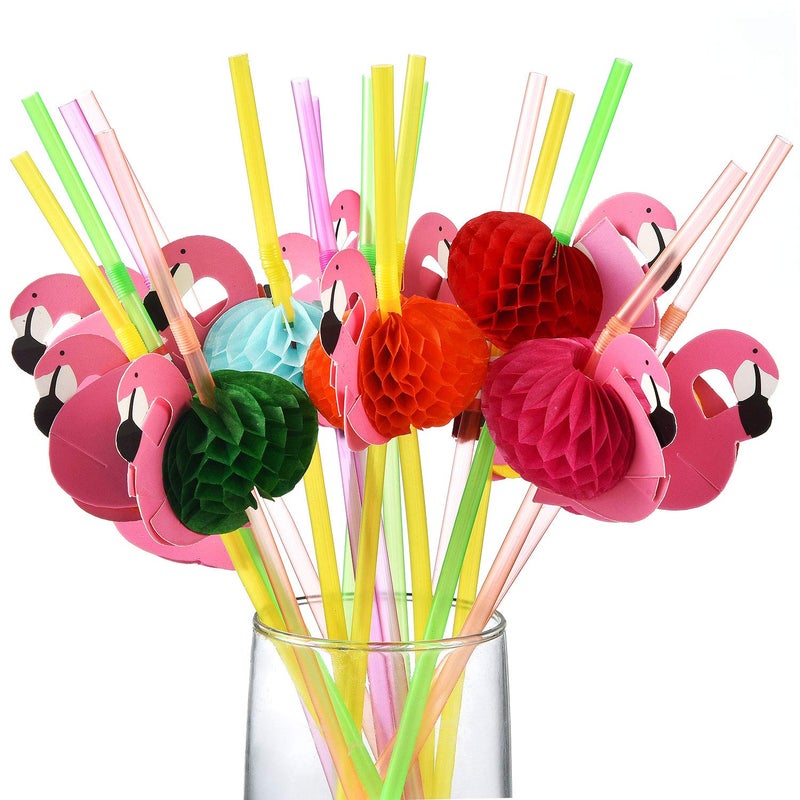 ALINK 50 Flamingo Straws Plastic Drinking Straws for Tropical Luau Party SuppliesHawaiianBirthdayPool Party Decorations