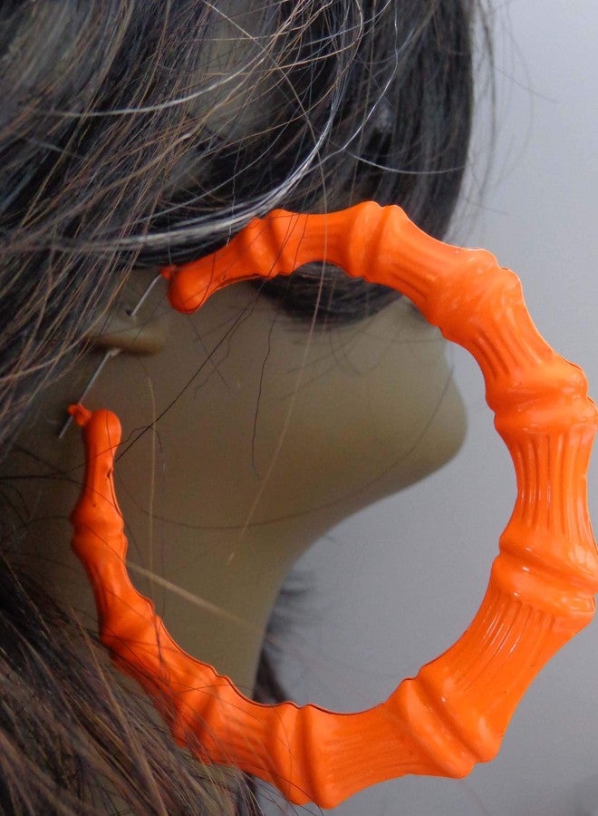 Divas Diggables Large Bamboo Hoop Earrings Neon Orange Bright Orange Hoop Earrings 3.5 inch - Image 3