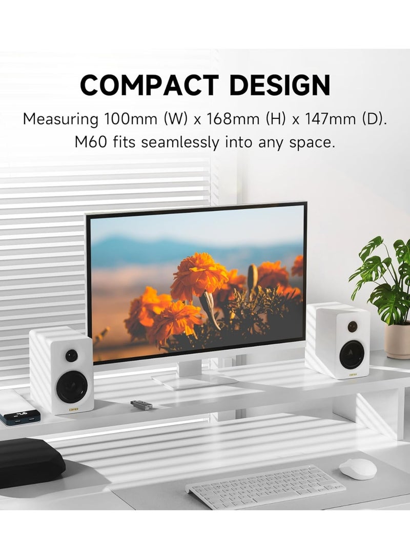 اديفير مكبرات صوت مكتبية صغيرة الحجم من إيديفاير M60، إصدار 2.0، لأجهزة الكمبيوتر الشخصية/المحمولة/الكمبيوتر، بلوتوث الإصدار 5.3، منفذ USB-C ومنفذ AUX مقاس 3.5 ملم، صوت عالي الدقة معتمد لاسلكيًا، 66 واط RMS، للموسيقى والألعاب (أبيض) - Image 2