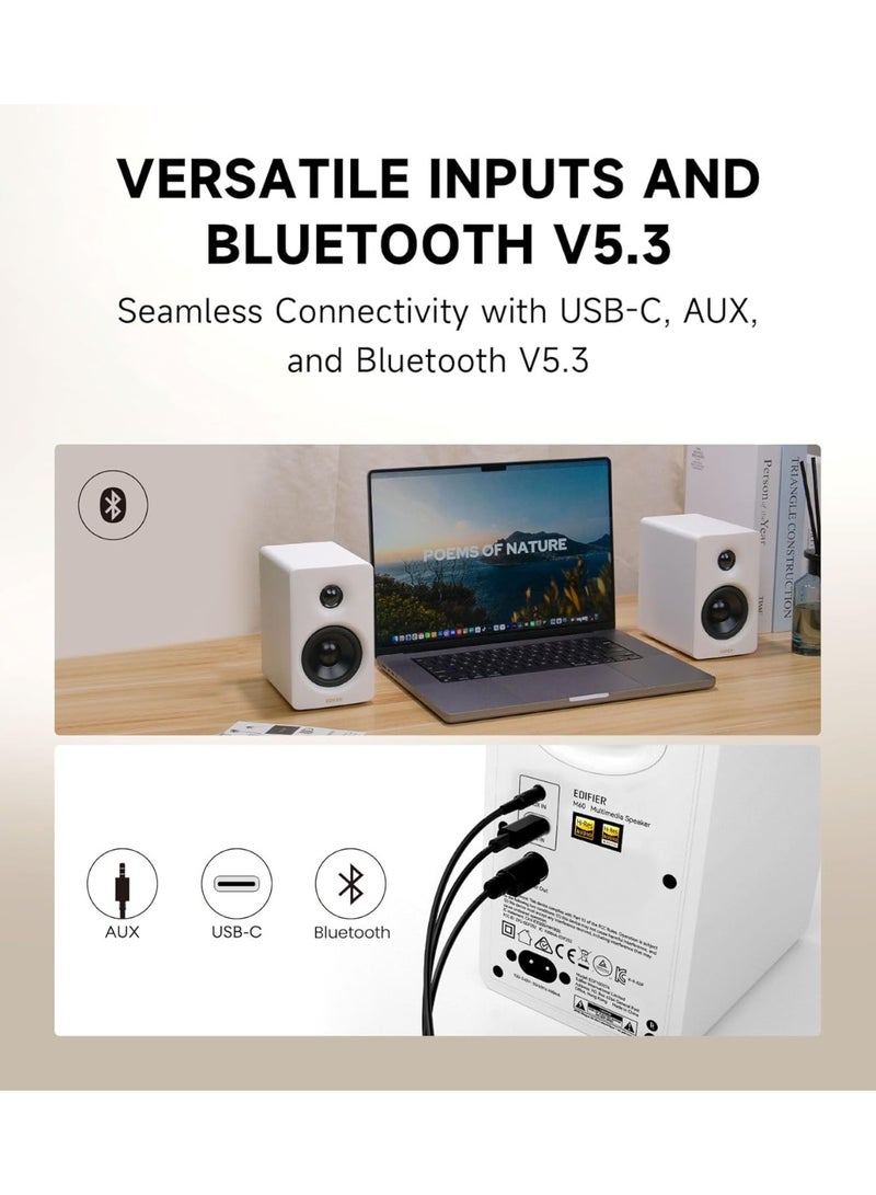 اديفير مكبرات صوت مكتبية صغيرة الحجم من إيديفاير M60، إصدار 2.0، لأجهزة الكمبيوتر الشخصية/المحمولة/الكمبيوتر، بلوتوث الإصدار 5.3، منفذ USB-C ومنفذ AUX مقاس 3.5 ملم، صوت عالي الدقة معتمد لاسلكيًا، 66 واط RMS، للموسيقى والألعاب (أبيض) - Image 5