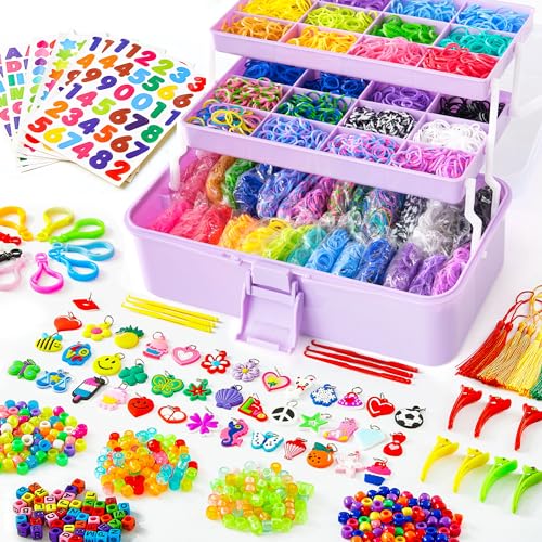 INSCRAFT 17500 Rubber Loom Bands with 3 Layer Light Purple Container 28 Colors 600 SClips 352 Beads 40 Cartoon Pendant Bracelet Making Refill Kit for Kids - Image 1