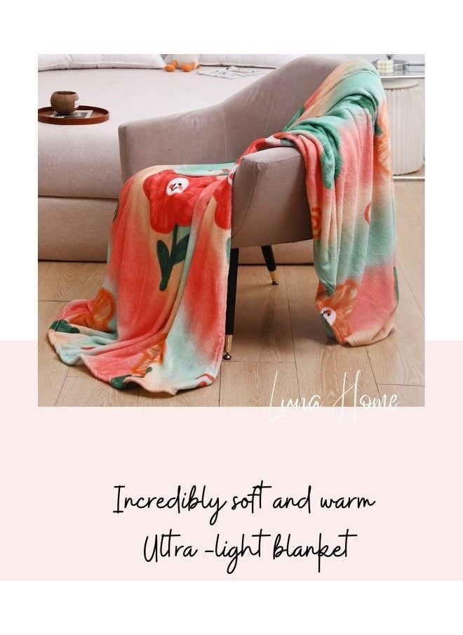 LUNA Home - Fleece blanket 200*230cm super soft throw peach floral design. - Image 1