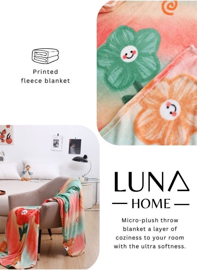 LUNA Home - Fleece blanket 200*230cm super soft throw peach floral design. - Image 1