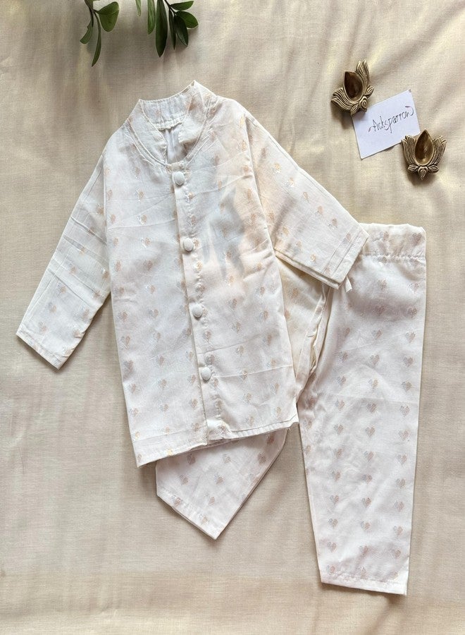 Picksparrow Baby Boys Ethnic Kurta Pyjama Set (Hearts) (Cream, 12-18 Months) - Image 2