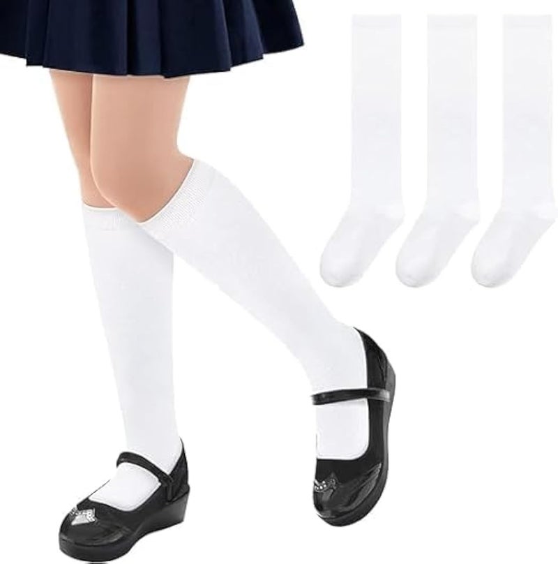 ChicAbode 3 Pairs Girls Knee High Socks, Seamless School Uniform Socks Long Socks for Girls, Cotton Soccer Socks, Dress Socks, Kids Cotton Long Socks, Kids Overknee Stockings, Size M for 8-12 Years - Image 1