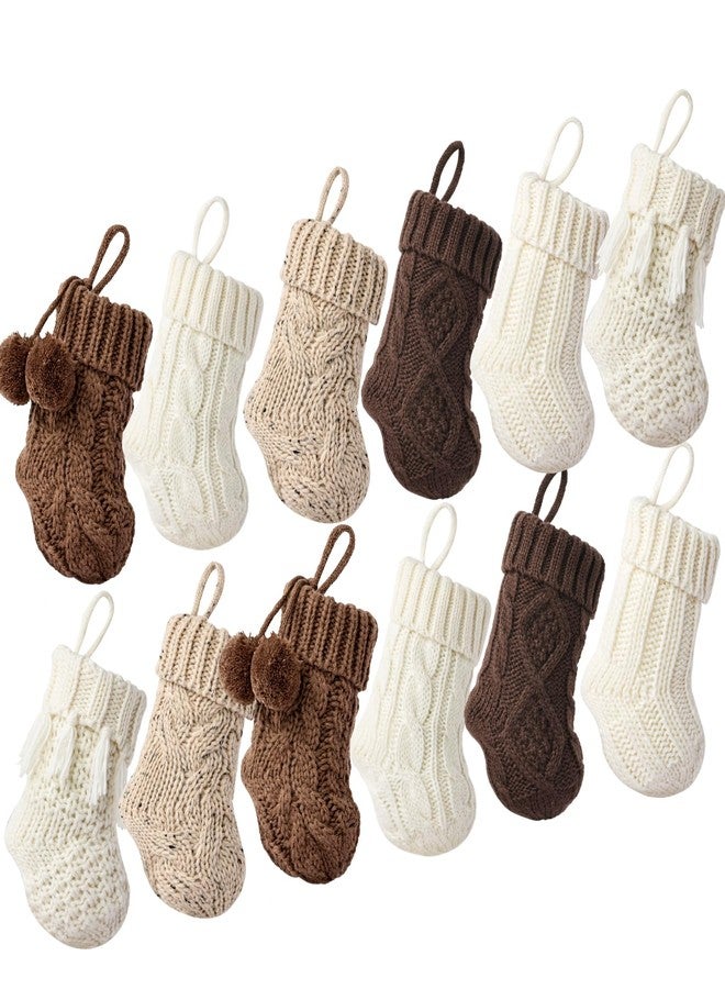 Pawliss Farmhouse Knitted Mini Christmas Stockings: 12 Pack 7 Inch Earth Tones Neutral Cable Knit Fireplace Stockings, Rustic Cozy Hanging Xmas Stocking Decorations for Family Holiday Décor, White Beige Brown - Image 1