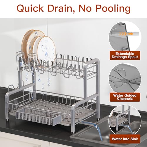 BOOSINY 2 Tier Dish Drainer Drying Rack for Kitchen Counter, Large Stainless Steel Dishes Dryer with Drainboard, Space Saving, Big Rustproof Metal Modern Countertop Plates Strainer with Utensil Holder, Sliver - Image 4