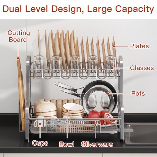 BOOSINY 2 Tier Dish Drainer Drying Rack for Kitchen Counter, Large Stainless Steel Dishes Dryer with Drainboard, Space Saving, Big Rustproof Metal Modern Countertop Plates Strainer with Utensil Holder, Sliver - Image 3
