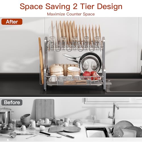 BOOSINY 2 Tier Dish Drainer Drying Rack for Kitchen Counter, Large Stainless Steel Dishes Dryer with Drainboard, Space Saving, Big Rustproof Metal Modern Countertop Plates Strainer with Utensil Holder, Sliver - Image 2