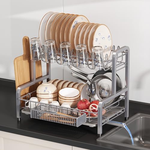 BOOSINY 2 Tier Dish Drainer Drying Rack for Kitchen Counter, Large Stainless Steel Dishes Dryer with Drainboard, Space Saving, Big Rustproof Metal Modern Countertop Plates Strainer with Utensil Holder, Sliver - Image 1
