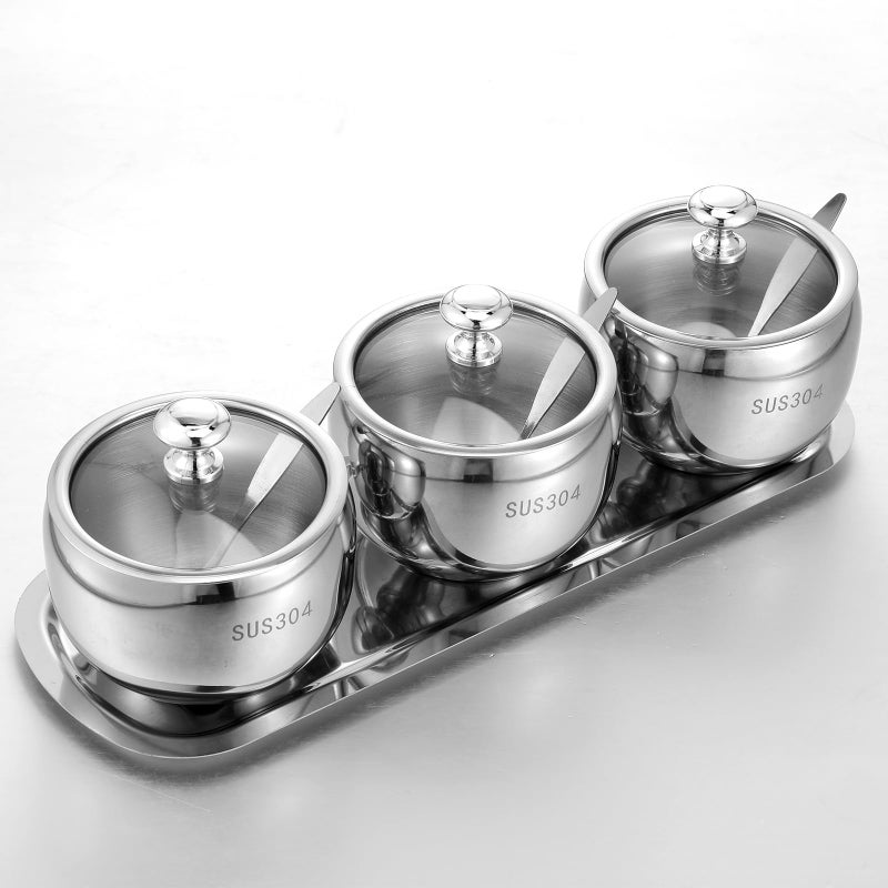 JOUTYFOR 3 Grids 304 Stainless Steel Seasoning Containers Set with Lid Spoon and Tray, Condiment Jar Spice Container, Condiment Canisters Pots for Serving Sugar, Pepper, Salt, Spice - Image 3