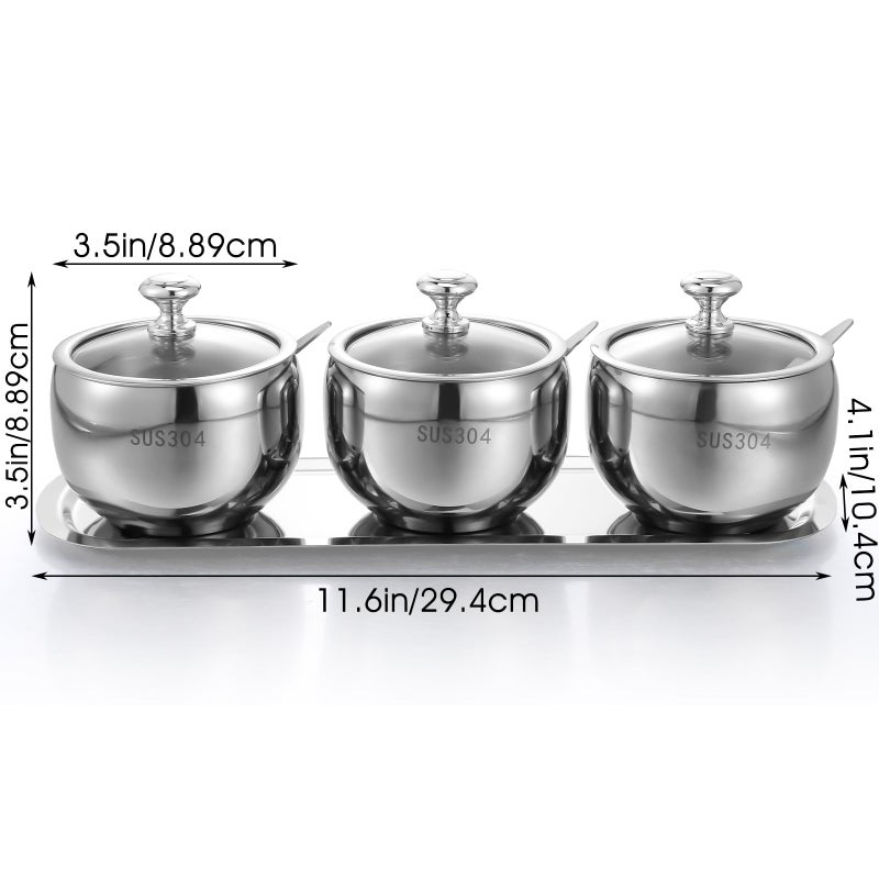 JOUTYFOR 3 Grids 304 Stainless Steel Seasoning Containers Set with Lid Spoon and Tray, Condiment Jar Spice Container, Condiment Canisters Pots for Serving Sugar, Pepper, Salt, Spice - Image 2