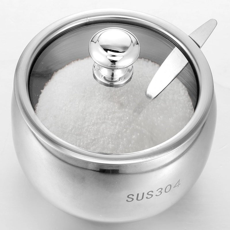 JOUTYFOR 3 Grids 304 Stainless Steel Seasoning Containers Set with Lid Spoon and Tray, Condiment Jar Spice Container, Condiment Canisters Pots for Serving Sugar, Pepper, Salt, Spice - Image 4