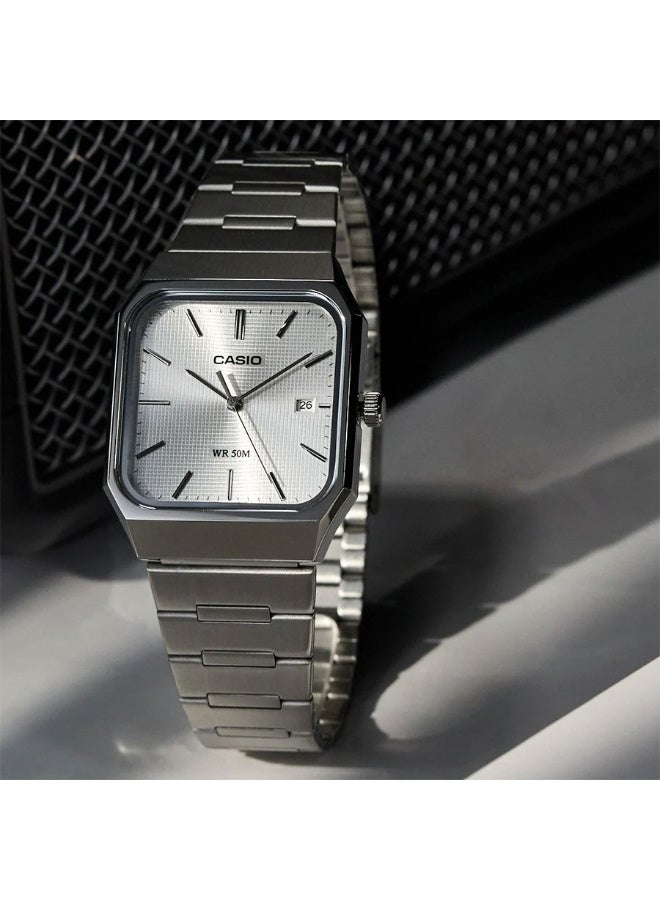 CASIO Analog Men's Watch MTP-B185D-7A, 40 mm White Dial, Silver Stainless Steel Case & Bracelet, 50m WR - Image 4