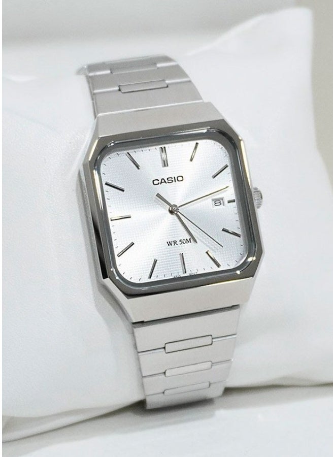 CASIO Analog Men's Watch MTP-B185D-7A, 40 mm White Dial, Silver Stainless Steel Case & Bracelet, 50m WR - Image 1