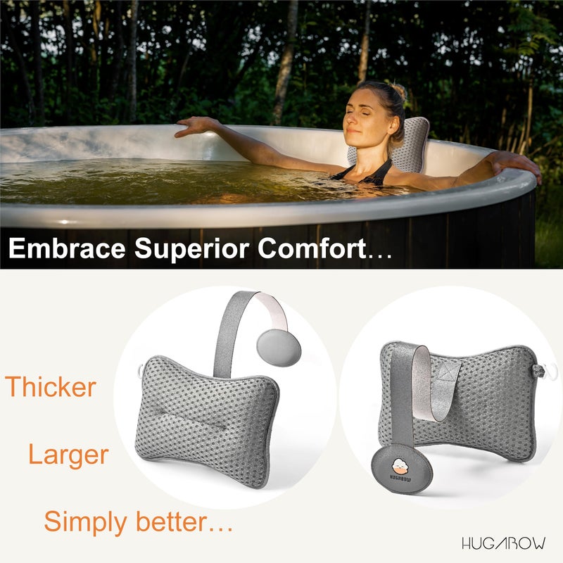 HUGABOW 2-Pack Large Pillow for Hot Tub (Grey), Spa, and Chaise Lounge - Universal Headrest & Neck Support Cushion, Adjustable Height with Long Strap, Easy Drying with Hook (2-Pack) - Image 2