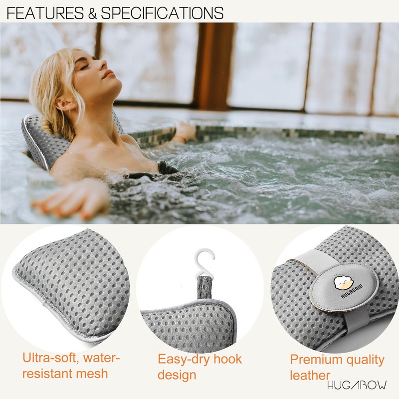 HUGABOW 2-Pack Large Pillow for Hot Tub (Grey), Spa, and Chaise Lounge - Universal Headrest & Neck Support Cushion, Adjustable Height with Long Strap, Easy Drying with Hook (2-Pack) - Image 4