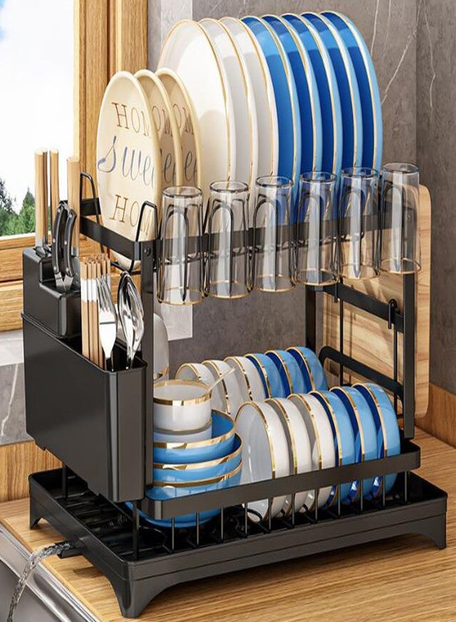 Qshare Dish Drying Rack,2 Tier Drying Rack Kitchen with Drainboard,Large Capacity Dish Drainer Organizer Shelf with Utensil Holder, Cup Rack for Kitchen Counter (Black) - Image 1