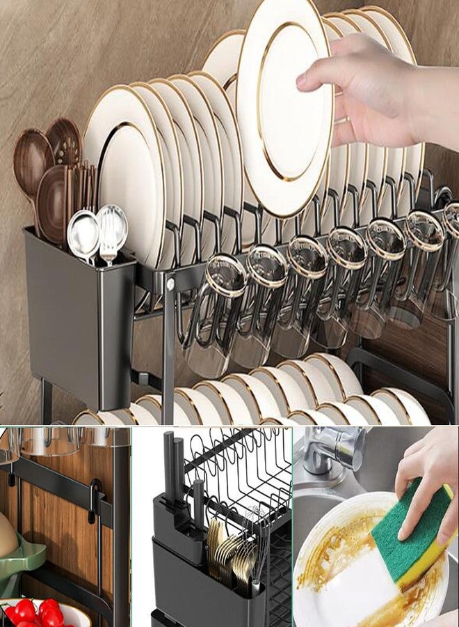Qshare Dish Drying Rack,2 Tier Drying Rack Kitchen with Drainboard,Large Capacity Dish Drainer Organizer Shelf with Utensil Holder, Cup Rack for Kitchen Counter (Black) - Image 5