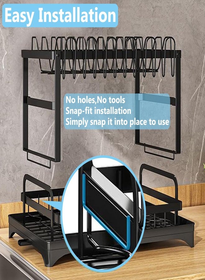 Qshare Dish Drying Rack,2 Tier Drying Rack Kitchen with Drainboard,Large Capacity Dish Drainer Organizer Shelf with Utensil Holder, Cup Rack for Kitchen Counter (Black) - Image 3