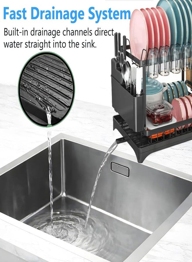 Qshare Dish Drying Rack,2 Tier Drying Rack Kitchen with Drainboard,Large Capacity Dish Drainer Organizer Shelf with Utensil Holder, Cup Rack for Kitchen Counter (Black) - Image 4