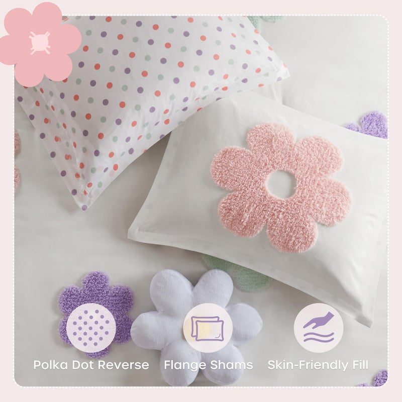 Intelligent Design Kids Full Comforter Set for Girls, Tufted Chenille Floral Comforter Set Queen, Lightweight Polka Dot Reversible Bed Set, Shams, Pillow, Gracie, Full/Queen White/Purple 4 Piece - Image 3