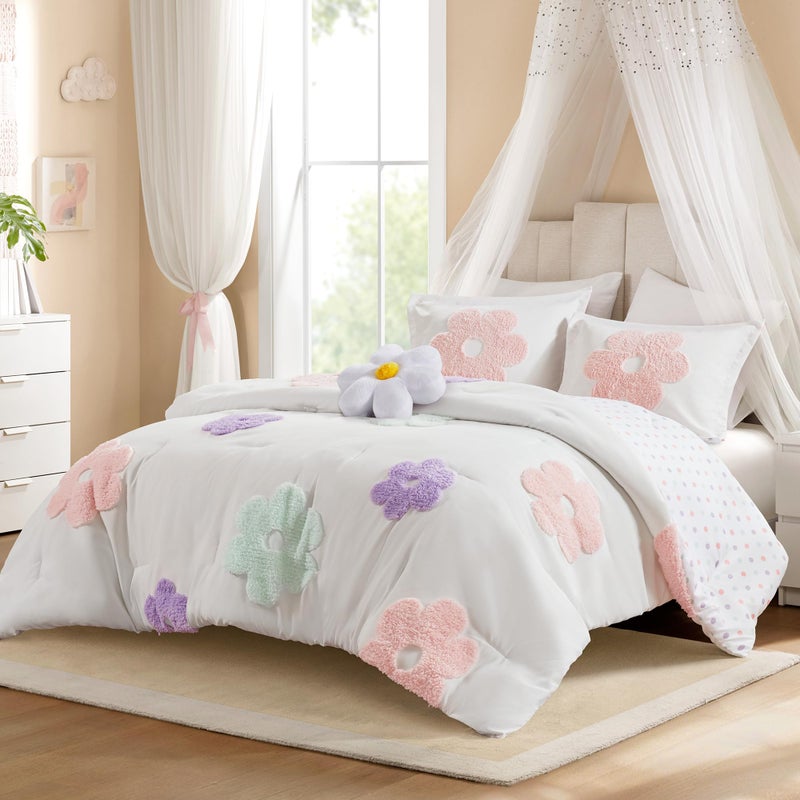 Intelligent Design Kids Full Comforter Set for Girls, Tufted Chenille Floral Comforter Set Queen, Lightweight Polka Dot Reversible Bed Set, Shams, Pillow, Gracie, Full/Queen White/Purple 4 Piece - Image 1