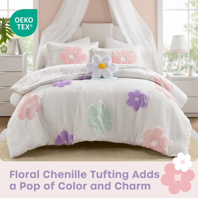 Intelligent Design Kids Full Comforter Set for Girls, Tufted Chenille Floral Comforter Set Queen, Lightweight Polka Dot Reversible Bed Set, Shams, Pillow, Gracie, Full/Queen White/Purple 4 Piece - Image 2