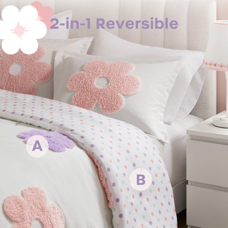 Intelligent Design Kids Full Comforter Set for Girls, Tufted Chenille Floral Comforter Set Queen, Lightweight Polka Dot Reversible Bed Set, Shams, Pillow, Gracie, Full/Queen White/Purple 4 Piece - Image 4