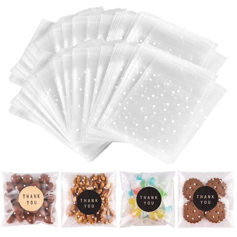 NPLUX 200PACK Self Sealing Cellophane Treat Bags Clear Cookie Bags for Gift Giving with Stickers(White Polka Dot, 4X4INCH) - Image 1