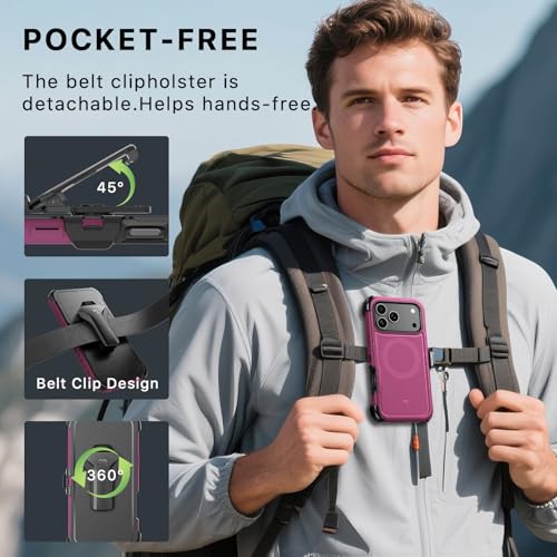 M MYBAT PRO for iPhone 17 Pro Case with Belt Clip Holster,[Compatible with Magsafe] w/Screen Protector,Anti-Drop,Shockproof,w 360°Rotating Kickstand,Heavy Duty Protection (Plum) - Image 5