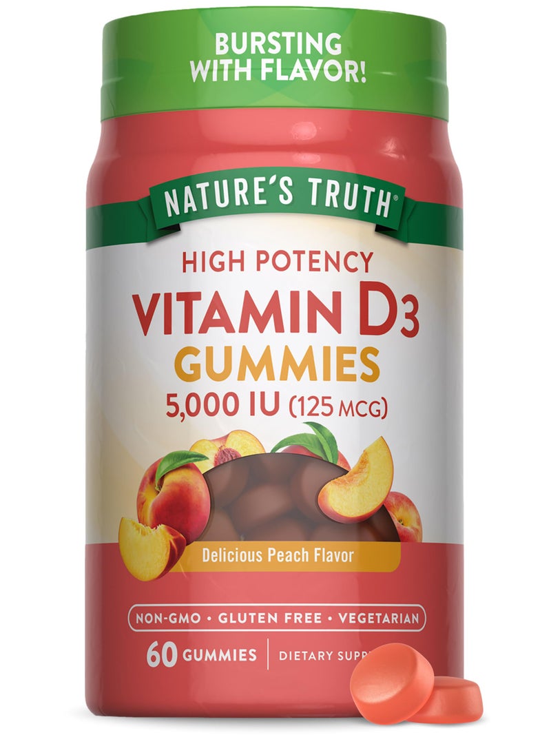 ج gummies فيتامين د3 من ناتشرز تروث 5000 وحدة دولية 60 حبة بنكهة الخوخ نباتي خالي من الكائنات المعدلة وراثيًا خالي من الجلوتين مكمل غذائي